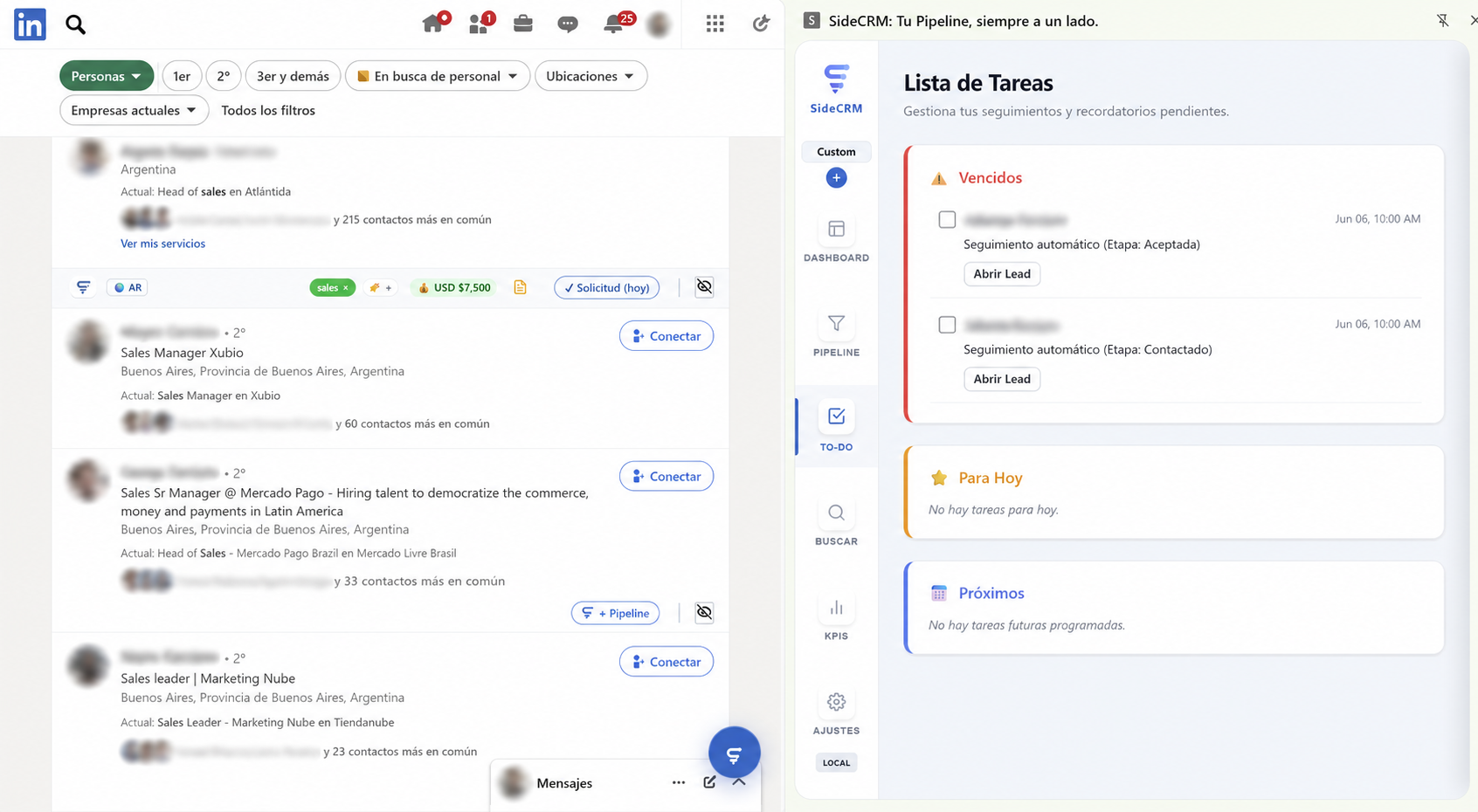 Botón + Pipeline inyectado en búsqueda de LinkedIn